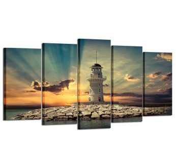 Kreative Arts – Large 5 Pieces Canvas Prints Wall Art Beautiful Landscape Lighthouse at Sunset Pictures Modern Home Decor Stretched Gallery Wrap Giclee Print Ready to Hang (Medium Size 40x24inch)