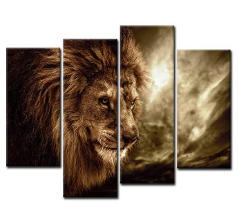 4 Panel Wall Art Brown Fierce Lion Against Stormy Sky Painting The Picture Print On Canvas Animal Pictures For Home Decor Decoration Gift Piece Stretched By Wooden Frame Ready To Hang
