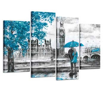 Kreative Arts Black and White Wall Art HD Prints Landscape Canvas Paintings Blue London Street Artwork Man and Woman Under Red Umbrella Modern Wall Decor Pictures