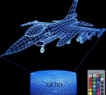 ZJCHO Fighter Night Light for Boy Plane F-16 Airplane 3D Illusion Lamp with Remote Control 16 Colors Changing, Birthday & Christmas Gift Toy for Boys or Girls Age 3 4 5 6 7 8+ Years Old
