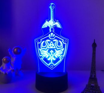 3D Illusion Night Light Legend of Zelda Bedside Lamp, Zelda Link’s Sword and Shield Sign USB Powered Diammable Color Changing Table Lamp for Child Room Decor Birthday Gift