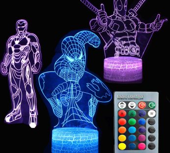 3D Night Light Avengers Touch Table Desk Lamp Three Pattern Iron Man/Spiderman/Deadpool 7 Colors Optical Illusion Lights with Acrylic Flat & ABS Crack Base & USB Cable for Kids Children