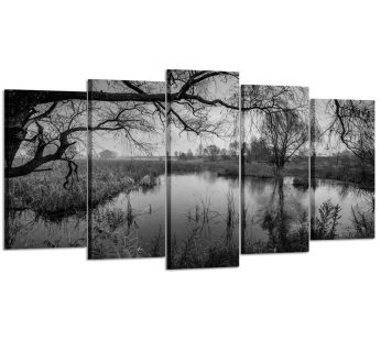 Kreative Arts – Black and White Wall Art 5 pcs Modern Canvas Painting Autumn Landscape Picture Tree In the Lake Print On Canvas Giclee Artwork For Home Decor (Large Size 60x32inch, Black and White)