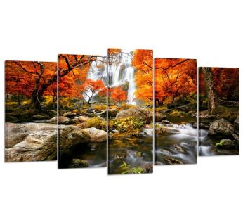Kreative Arts – Autumn Forest Waterfalls 5 Piece Modern Wrapped Giclee Canvas Prints Artwork Landscape Tree Paintings Pictures on Canvas Wall Art for Living Room (Medium Size 40x24inch)