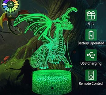 Fanmin Dragon 3D Optical Illusion Kids Lamp 3D Night Light Bedside Lamp 16 Colors with Remote Dragon Toys as a Perfect Birthday for Boys and Girls