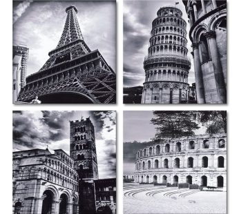 Wieco Art – Architectures Modern 4 Panels Giclee Canvas Prints Europe Buildings Black and White Landscape Pictures Paintings on Canvas Wall Art Ready to Hang for Bedroom Home Office Decorations