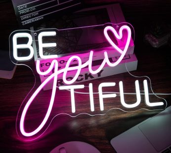 Be Your Tiful Neon Sign Dimmable Letter Neon Signs White Pink Wall Decorative Lights Powered USB with Switch for Bedroom Kid Room Shop Apartment Birthday Party Wedding （15.7’’X11.8’’）