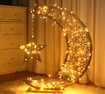 Tujoe 31 x 23 Inch Eid Crafts Night Light Wooden Ramadan Star Crescent Mubarak Lamp Decorations Big Glittery Moon Eid Decor with Battery Operated LED Lights Eid